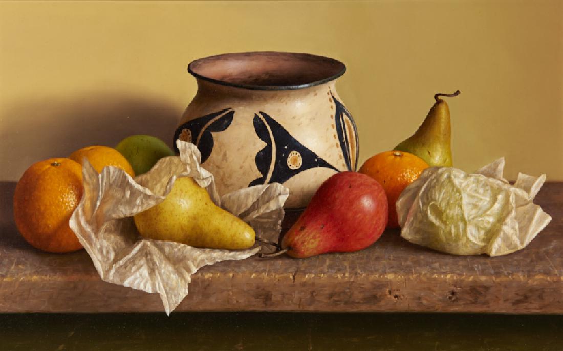 William Acheff | Santo Domingo with Pears and Oranges: Artist: William Acheff |b. 1947 AOA, NAWA Title: Santo Domingo with Pears and Oranges Signed Verso: Wm. Acheff 1992 Medium: Oil on linen Dimensions: 10 by 16 inches