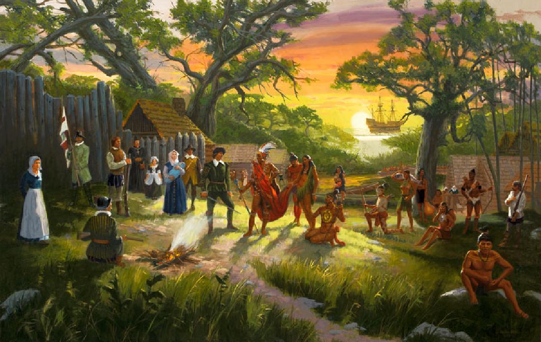 Jim Carson | Meeting with Manteo of the Croatan,: Artist: Jim Carson |b. 1942 Title: Meeting with Manteo of the Croatan, Roanoke Colony, 1587, The Lost Colony Signed l/r: Jim Carson 2017 Medium: Oil on canvas Dimensions: 40 by 64 inches