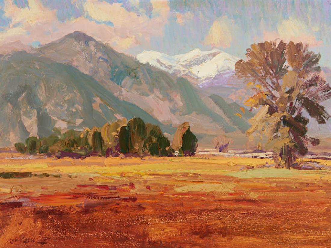Rod Goebel | Landscape with Snow Covered Mountains and: Artist: Rod Goebel |1946-1993 NAWA Title: Landscape with Snow Covered Mountains and Cottonwood Signed l/l: Rod Goebel Medium: Oil on panel Dimensions: 12 by 16 inches