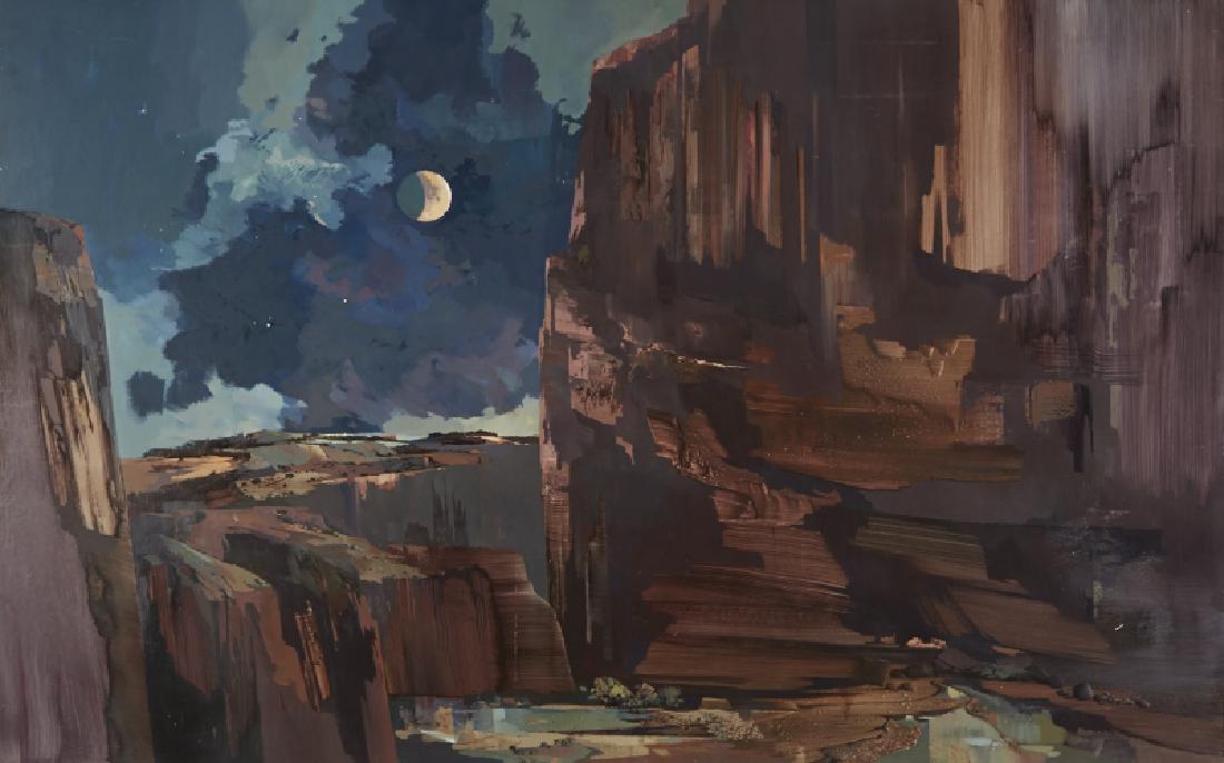 Laurence Philip Sisson | Dark Purple Canyon Moonlight: Artist: Laurence Philip Sisson |1928-2015 Title: Dark Purple Canyon Moonlight Unsigned Medium: Oil on masonite Dimensions: 45 by 72 inches Unframed