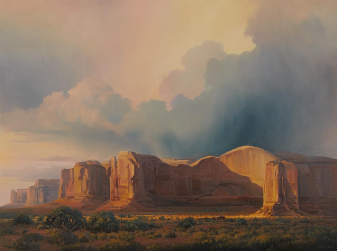 Charles H. Pabst | Lingering Light in Monument Valley: Artist: Charles H. Pabst |b. 1950 Title: Lingering Light in Monument Valley Signed l/r: Charles H. Pabst Medium: Oil on canvas Dimensions: 36 by 48 inches