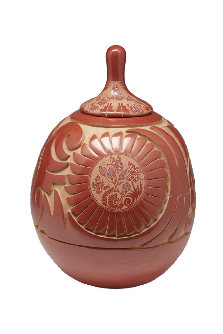 Grace Medicine Flower | Santa Clara Covered Jar: Artist: Grace Medicine Flower |b. 1938 Title: Santa Clara Covered Jar Inscribed on underside: Grace Medicine Flower 857 [cipher] Medium: Clay Dimensions: 13 by 9 by 9 inches
