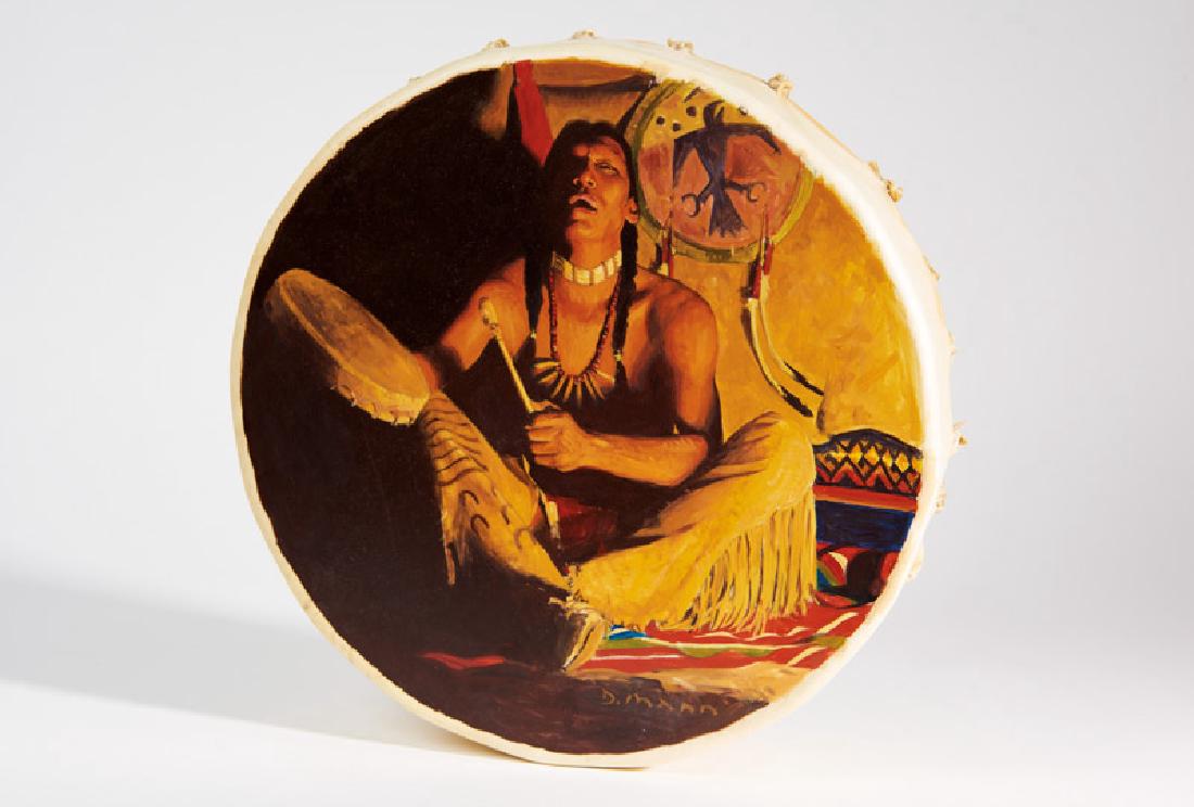 David Mann | Drum Song: Artist: David Mann |b. 1948 Title: Drum Song Signed l/r: D. Mann Medium: Oil on rawhide drum Dimensions: 3 by 12 by 12 inches