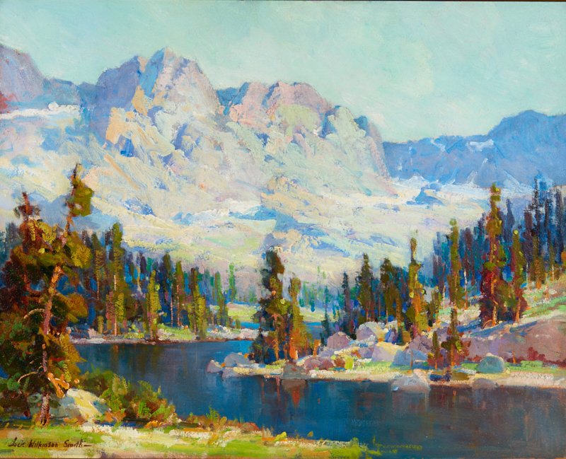 Jack Wilkinson Smith | Pine Bordered Lake, High Sierra: Artist: Jack Wilkinson Smith | 1873-1949 Title: Pine Bordered Lake, High Sierra Signed l/l: Jack Wilkinson Smith- Medium: Oil on panel Dimensions: 16 by 20 inches