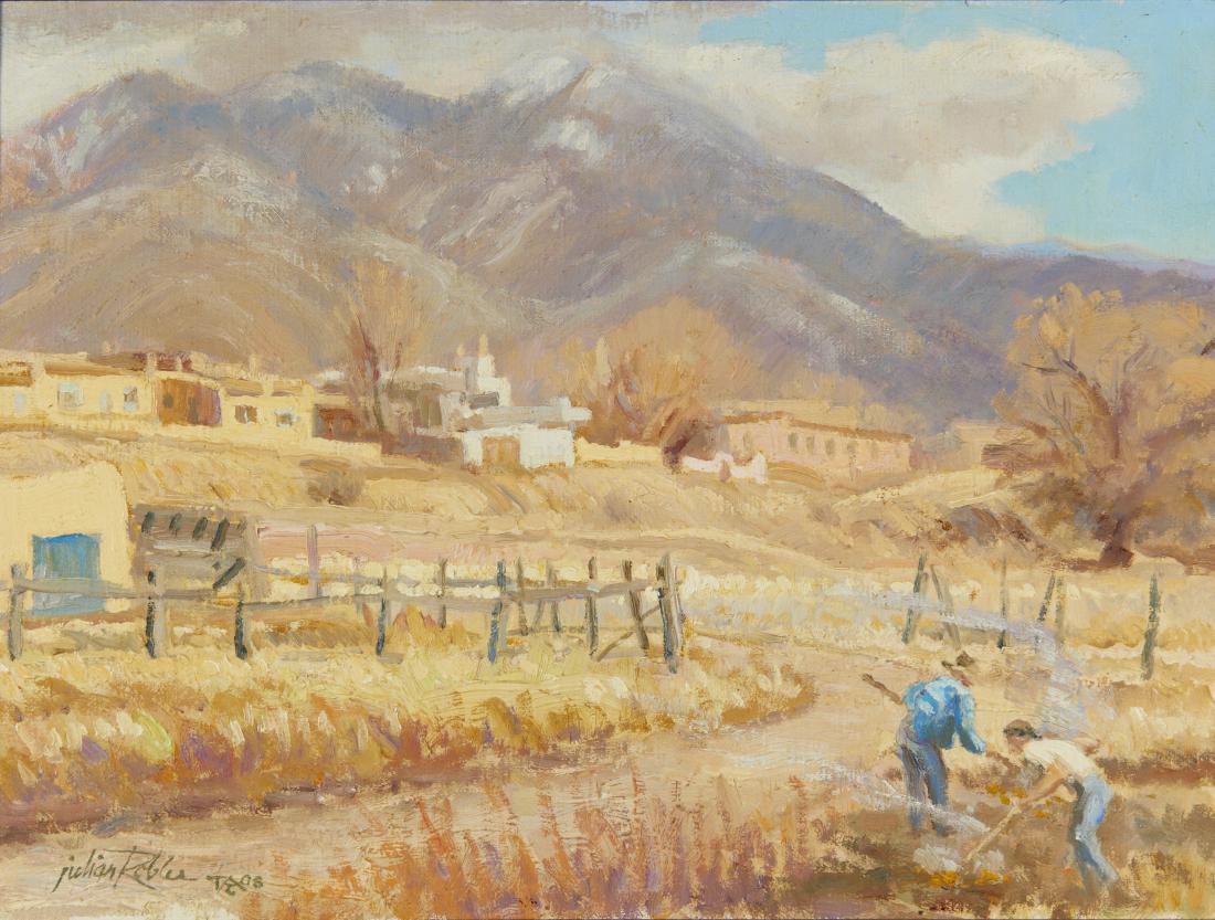 Julian Robles | Spring Clean Up: Artist: Julian Robles | b. 1933 PSA Title: Spring Clean Up Signed l/l: Julian Robles Taos Medium: Oil on canvas on board Dimensions: 12 by 16 inches