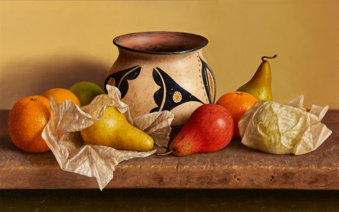 William Acheff | Santo Domingo with Pears and Oranges: Artist: William Acheff | b. 1947 AOA, NAWA Title: Santo Domingo with Pears and Oranges Signed verso: Wm. Acheff 1992 Medium: Oil on linen Dimensions: 10 by 16 inches