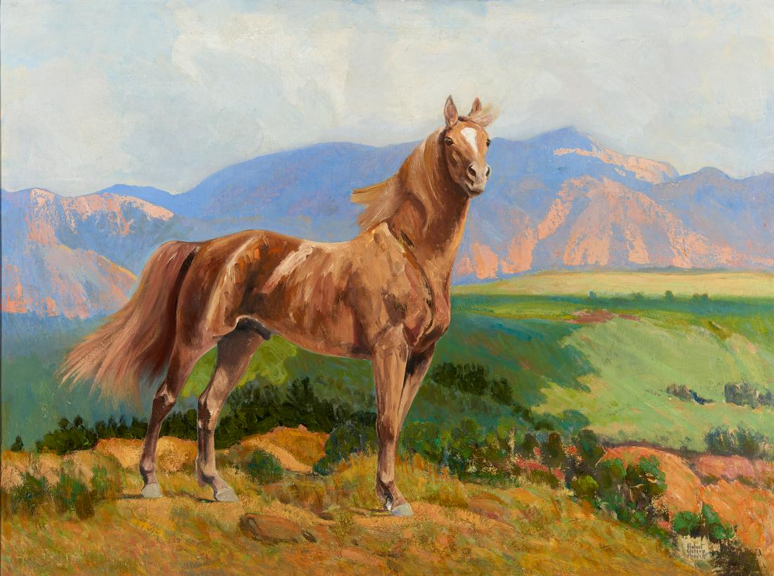 Robert Wesley Amick | Palomino Stallion: Artist: Robert Wesley Amick | 1879-1969 Title: Palomino Stallion Signed l/r: Robert Wesley Amick Medium: Oil on canvas Dimensions: 30 by 40 inches