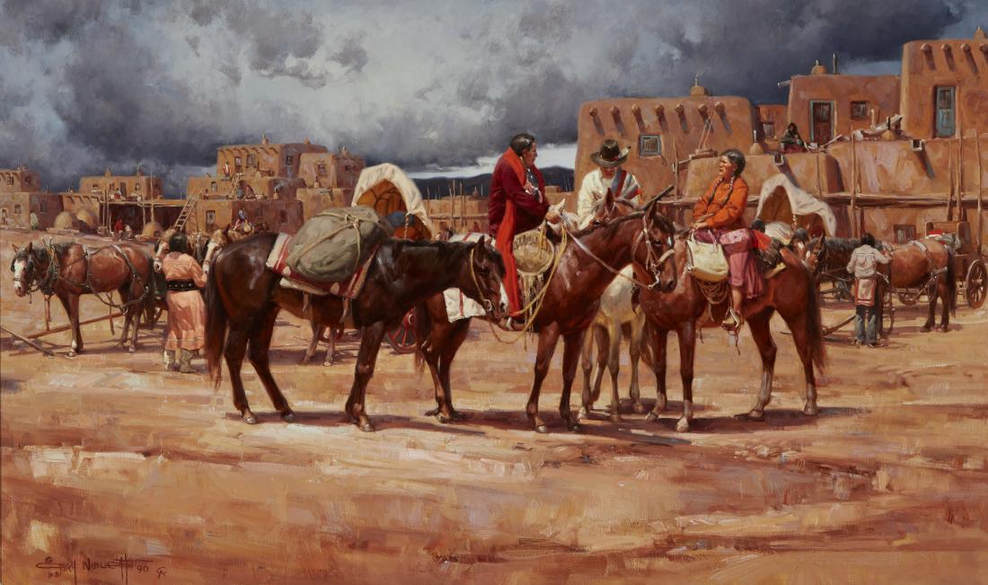 Gary Niblett | San Geronimo Feast Days (Taos Pueblo): Artist: Gary Niblett | b. 1943 CAA Title: San Geronimo Feast Days (Taos Pueblo) Signed l/l: Â© Gary Niblett '90 CA [cipher] Medium: Oil on linen Dimensions: 36 by 60 inches