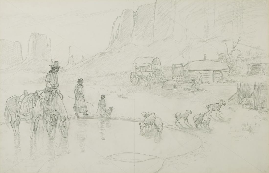 Charlie Dye | Canyon del Navajos: Artist: Charlie Dye | 1906-1972 CAA Title: Canyon del Navajos Unsigned Medium: Pencil Dimensions: 23 by 35 inches