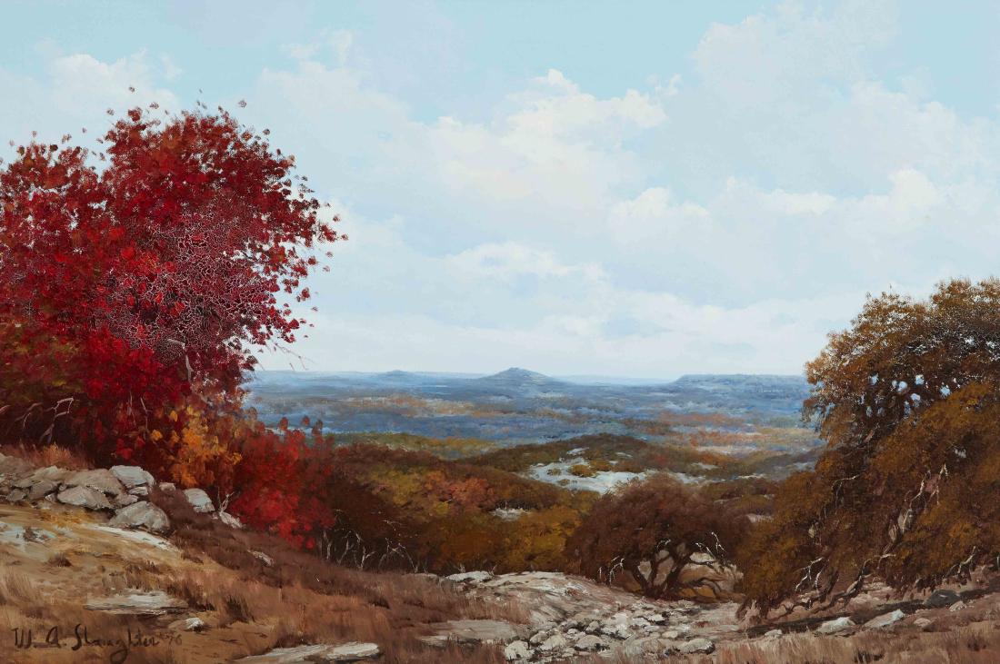 William A. Slaughter | Autumn in the Hill Country: Artist: William A. Slaughter | 1923-2004 AAA, CAA, NAWA, NWR Title: Autumn in the Hill Country Signed l/l: W.A. Slaughter '76 Medium: Oil on canvas Dimensions: 24 by 36 inches