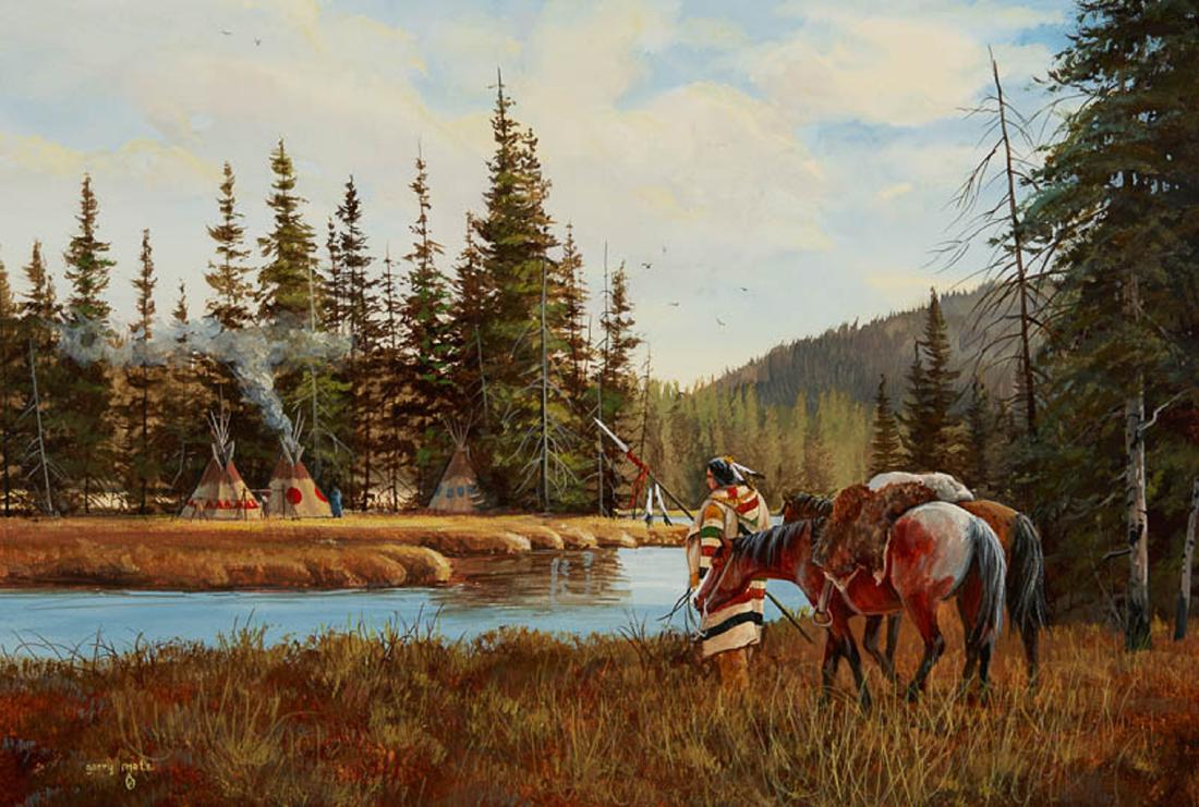 Gerry Metz | Camp on the Yellowstone: Artist: Gerry Metz | b. 1943 Title: Camp on the Yellowstone Signed l/l: gerry metz [cipher] Medium: Oil on illustration board Dimensions: 15 by 22 inches