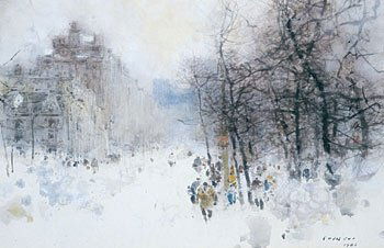 "Snow on 5th Ave NY" by Chen Chi: "Snow on 5th Ave NY" by Chen Chi 17 by 26 1/4 inches 1983 Watercolor on paper Estimate 4000 - 6000 All works are framed unless noted otherwise. New bidders must place a credit card number on file wit