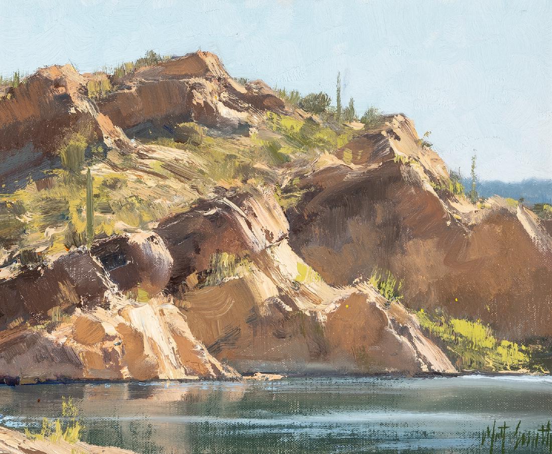 Matt Smith | Saguaros at Waters Edge: Artist: Matt Smith | b. 1960 Title: Saguaros at Waters Edge Signed l/r: Matt Smith Media: Oil on board Dimensions: 10 by 12 inches