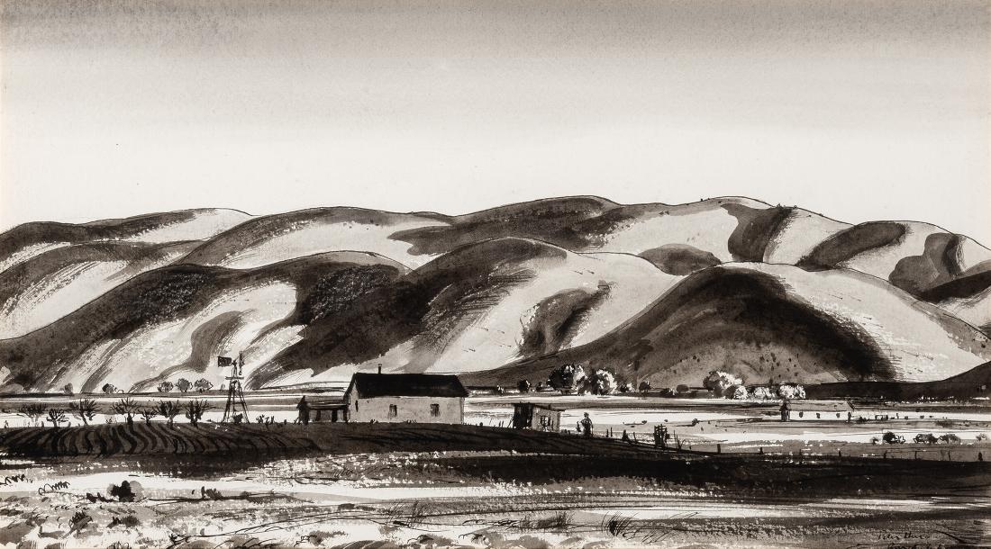 Peter Hurd | Rancho de Las Juarez: Artist: Peter Hurd | 1904-1984 NA Title: Rancho de Las Juarez Signed l/r: Peter Hurd Rancho de Las Juarez Media: Ink wash on paper Dimensions: 10 by 18 inches
