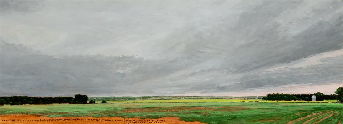 Keith Jacobshagen | Looking West, Walton Elevator: Artist: Keith Jacobshagen | b. 1941 Title: Looking West, Walton Elevator Signed l/l/c: K. Jacobshagen 08.09.05 Media: Oil on paper Dimensions: 8 by 22 inches