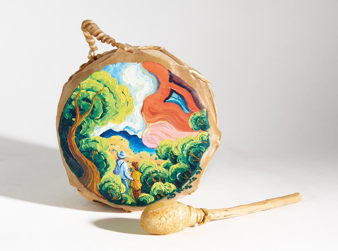Kim Douglas Wiggins | New Mexico Orchard: Artist: Kim Douglas Wiggins | b. 1960 SAI Title: New Mexico Orchard Signed l/r: KD Wiggins 97 Media: Oil on rawhide drum Dimensions: 4 1/2 by 6 by 6 inches