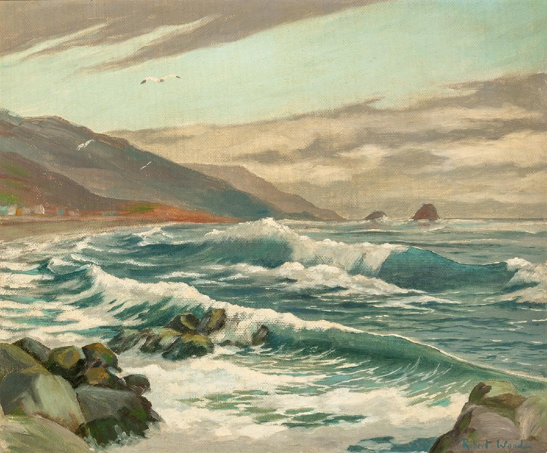 Robert Wood | Waves Crashing On Shore: Artist: Robert Wood | 1889-1979 Title: Waves Crashing On Shore Signed l/r: Robert Wood Media: Oil on canvas panel Dimensions: 20 by 24 inches