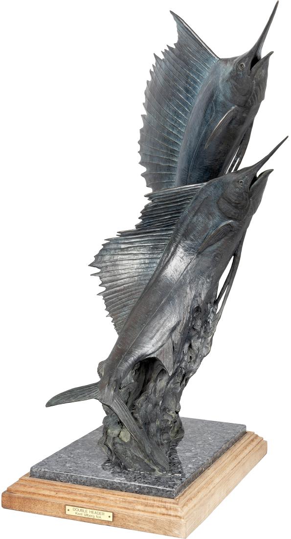 Kent Ullberg | Double Header: Artist: Kent Ullberg | b. 1945 NSS, SAA, NAWA Title: Double Header Inscribed on base: © Ullberg 5/20 Media: Bronze Dimensions: 28 1/2 by 17 by 16 inches