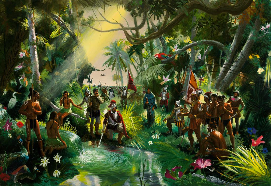 Jim Carson | The Fantasy of Ponce de Leon and the: Artist: Jim Carson | b. 1942 Title: The Fantasy of Ponce de Leon and the Fountain of Youth Signed l/r: Jim Carson 2017 Media: Oil on canvas Dimensions: 44 by 66 inches No Reserve