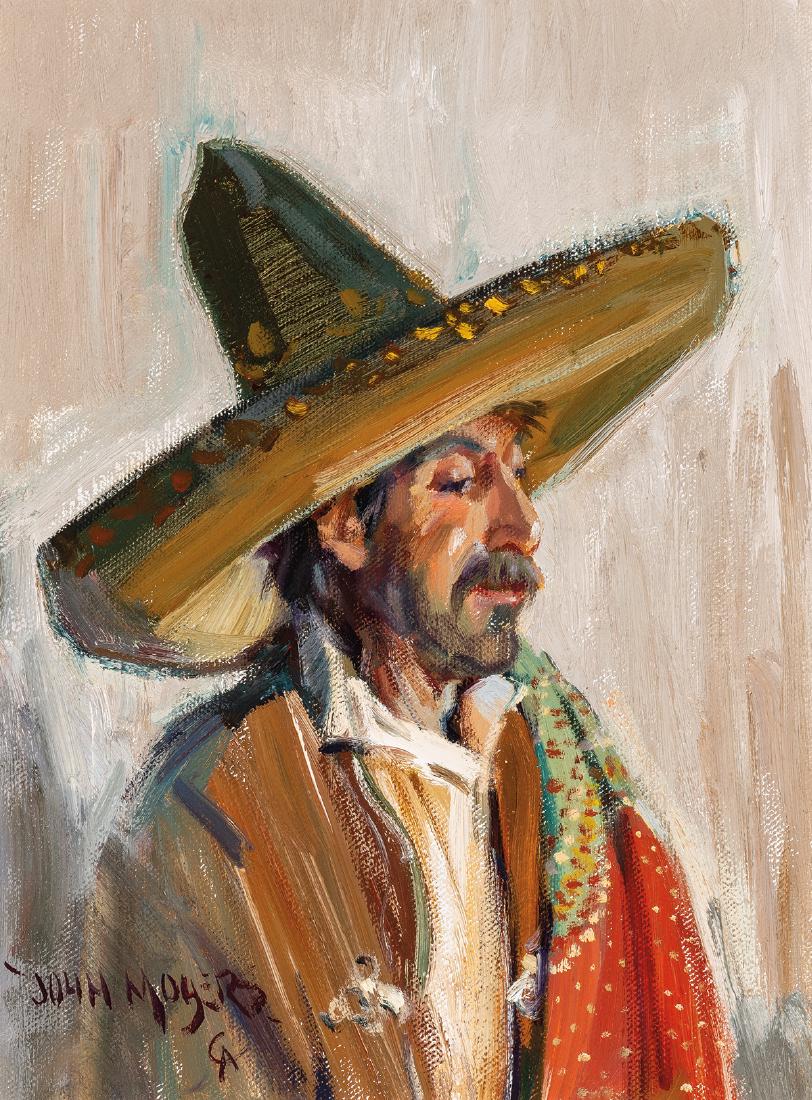John Moyers | The Stolen Sombrero: Artist: John Moyers | b. 1958 CAA Title: The Stolen Sombrero Signed l/l: John Moyers CA Media: Oil on linen Dimensions: 16 by 12 inches