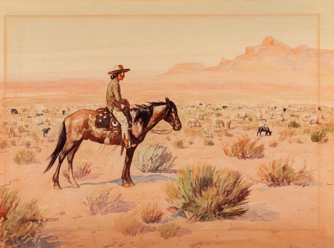 Leonard H. Reedy | Navaho Shepherd: Artist: Leonard H. Reedy | 1899-1956 Title: Navaho Shepherd Signed l/l: Leonard H. Reedy '38 Media: Watercolor on paper Dimensions: 9 by 12 inches No Reserve