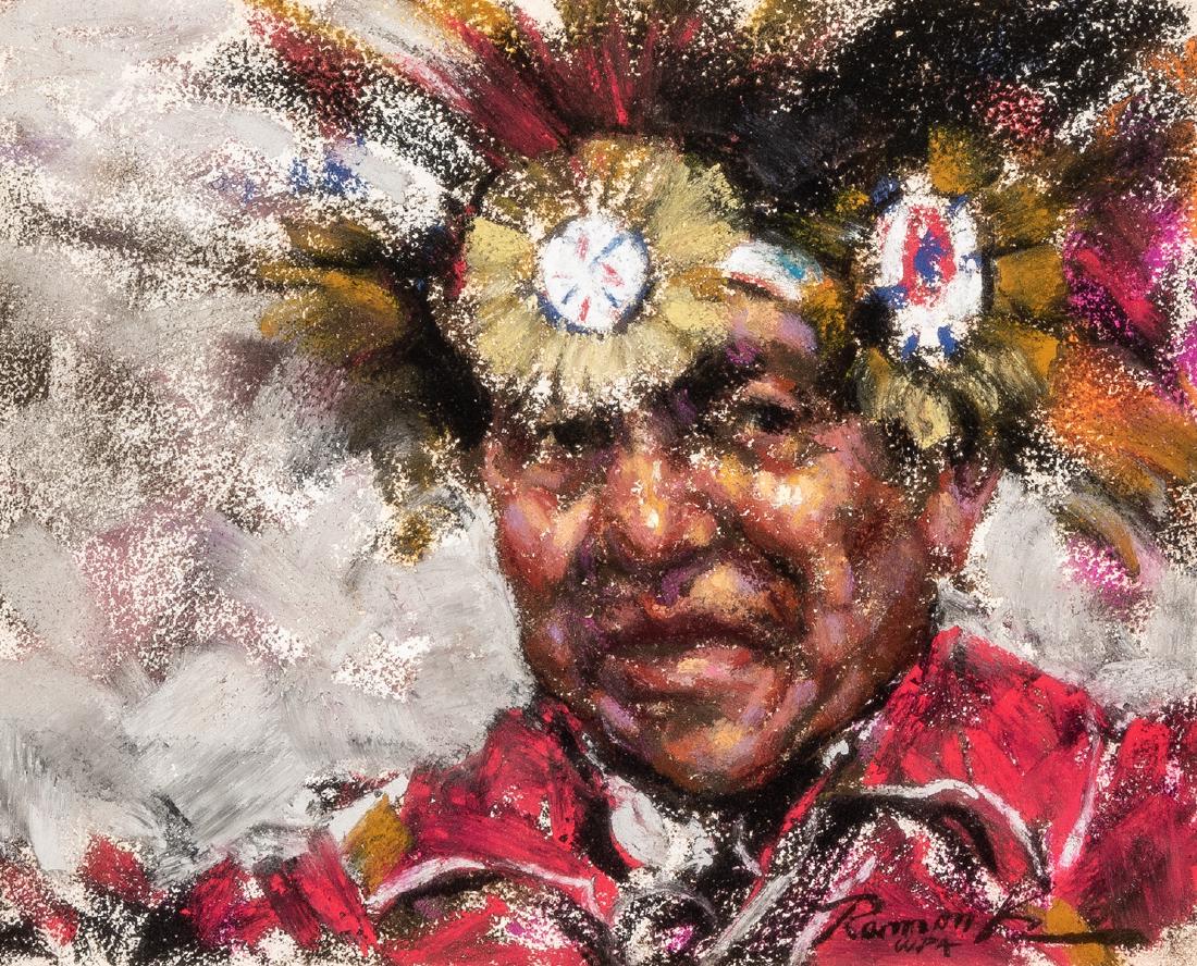 Ramon Kelley | Cheyenne Dancer: Artist: Ramon Kelley | b. 1939 AAA, AWS, NAWA, NWA, OPA, PSA Title: Cheyenne Dancer Signed l/r: Ramon K Media: Pastel on paper Dimensions: 4 by 5 inches No Reserve