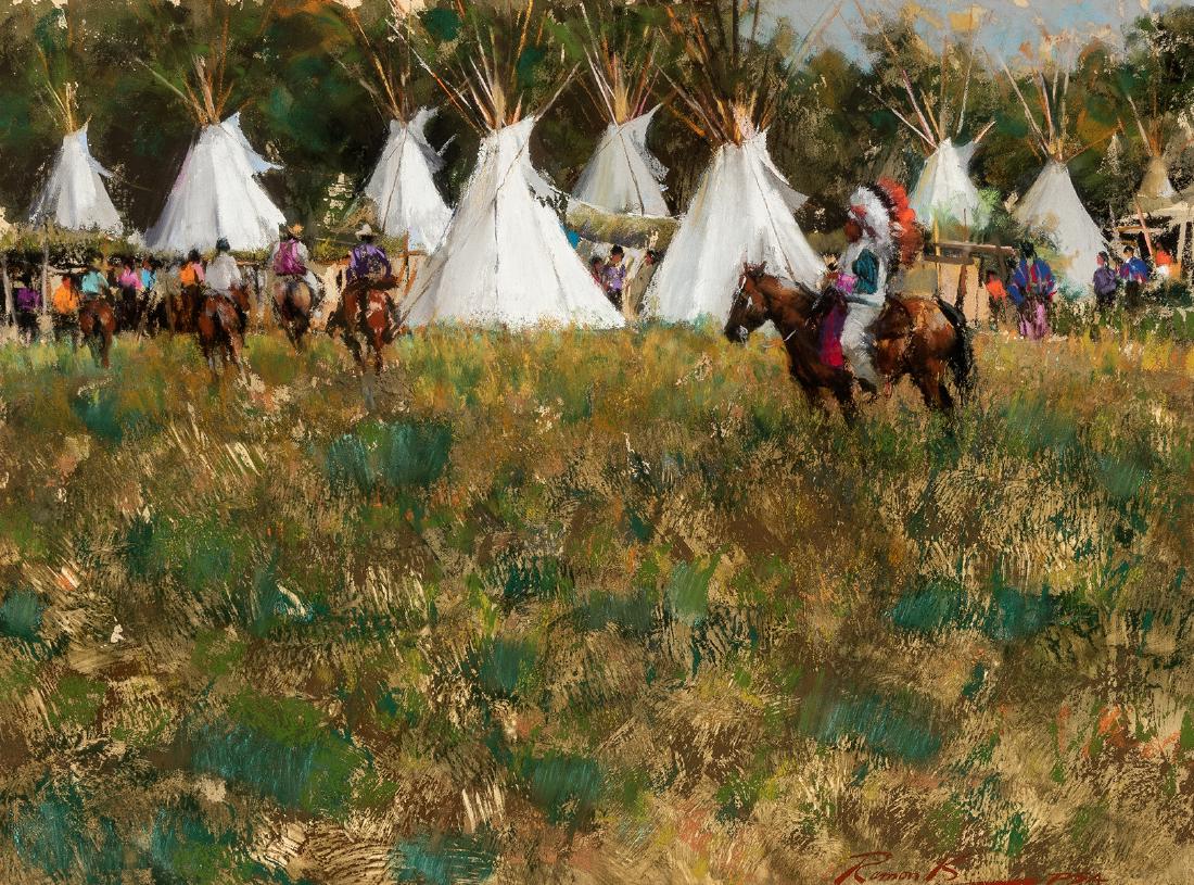 Ramon Kelley | Pony Race Judge: Artist: Ramon Kelley | b. 1939 AAA, AWS, NAWA, NWA, OPA, PSA Title: Pony Race Judge Signed l/r: Ramon K PSA Media: Pastel on paper Dimensions: 12 by 16 inches