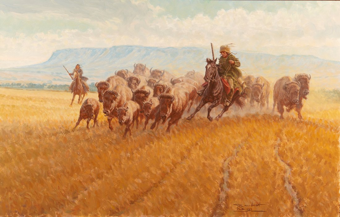 Tom Saubert | Mountain Crow and Buffalo: Artist: Tom Saubert b. 1950 Title: Mountain Crow and Buffalo Signed l/r:T Saubert [cipher] Oil on panel 18 by 28 inches