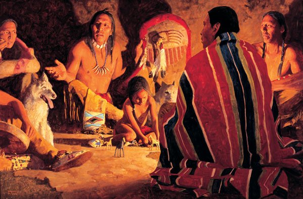 Mann, David, b. 1948, Big Medicine and Little Horse: Signed 'David Mann' LL Oil on canvas 40 x 60 inches The artist exhibits annually in the Masters of the American West Fine Art Exhibition, Los Angeles, CA, as well as at the Prix de West Invitational a