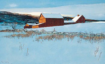 Sloane, Eric, 1905 - 1985 NA, Winter Morn: Signed 'Eric Sloane NA EJH' LL Oil on board 21 x 33 3/4 inches Sloane is a master of New Englad Americana, which he demonstrated in drawings and oil on baord. Early American rural architecture and too