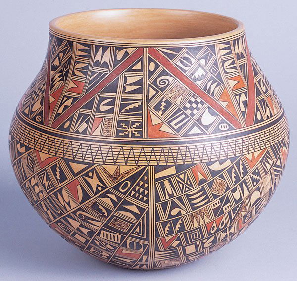 Rondina Huma, Hopi-Tewa: Hopi Pottery Shard Pot, 1993 of globular form, finely painted in a very complex pottery shard design, comprised of several sections eached framed by a band and varing in design; signed 'Rondina Huma,