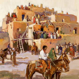 Frances Livingston | San Geronimo Day: Artist: Francis Livingston | b. 1953 Title: San Geronimo Day Signed l/l: Livingston Media: Oil on board Dimensions:15 by 15 inches Condition: Very Good Condition Details: This painting is in very