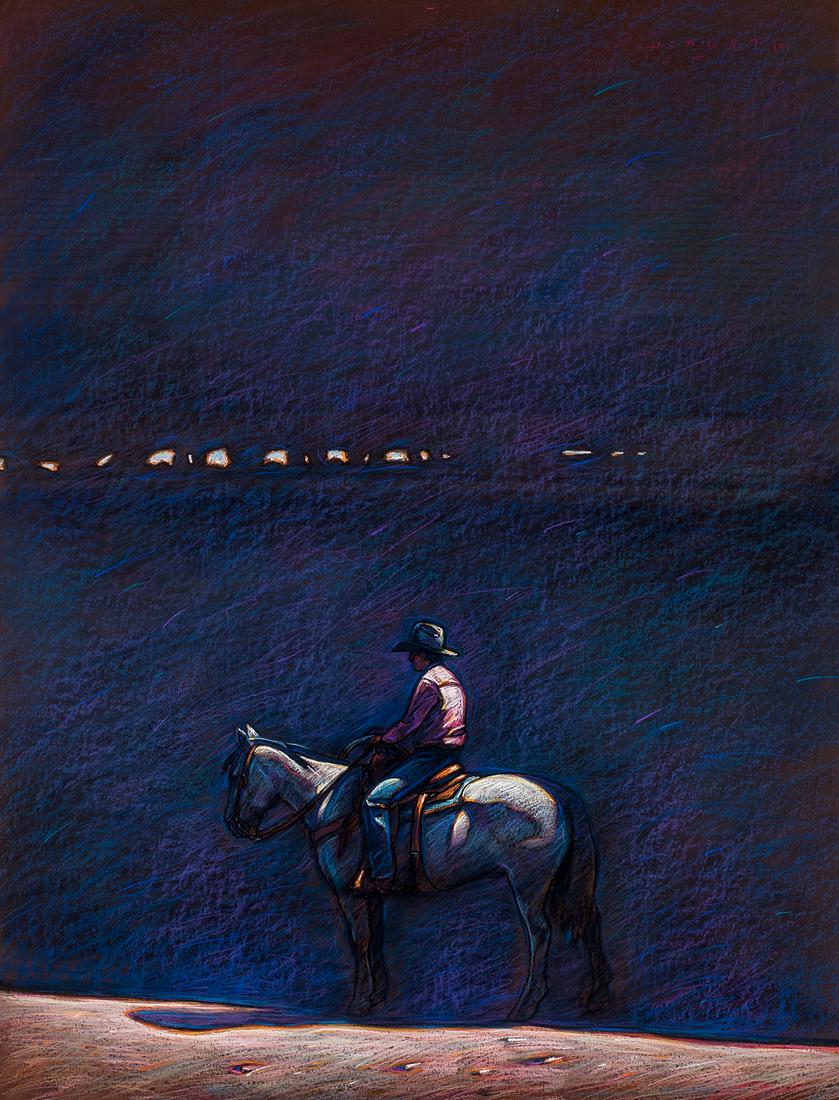 Howard Post | Moonlight Ride on the Grey Mare: Artist: Howard Post | b. 1948 Title: Moonlight Ride on the Grey Mare Signed u/r: H.E. Post © Media: Pastel on paper Dimensions:39 by 30 inches Condition: Very Good Condition Details: This piece is in