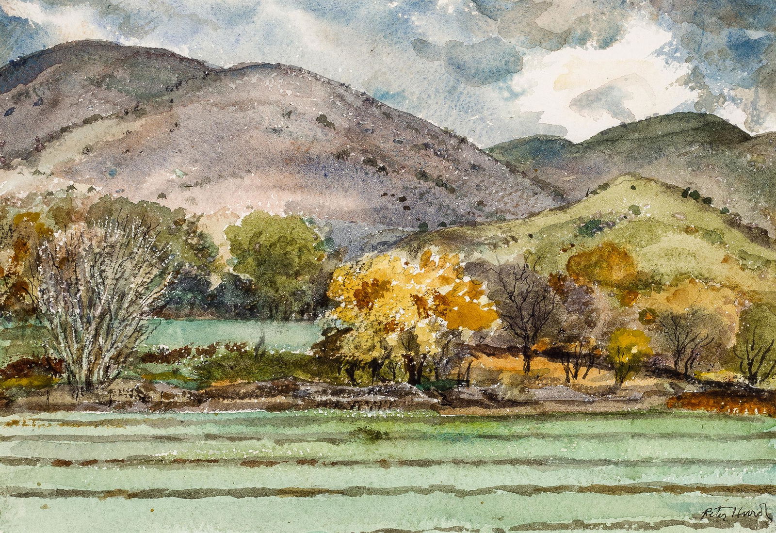 Peter Hurd | Hondo Valley: Artist: Peter Hurd | 1904-1984 NA Title: Hondo Valley Signed l/r: Peter Hurd Media: Watercolor on paper Dimensions: 7 by 10 inches Condition: Very Good Condition Details: This watercolor is in very go