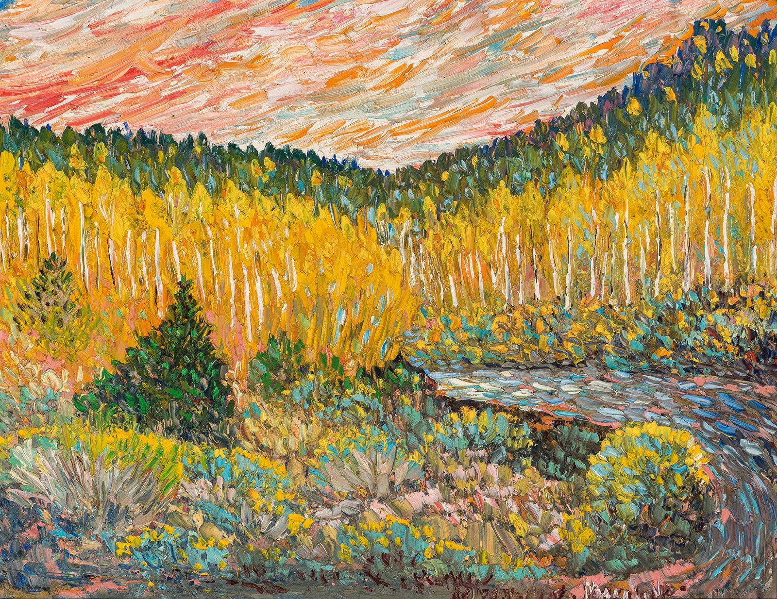 Tom S. Macaione | Aspens Along the River: Artist: Tom S. Macaione | 1907-1992 Title: Aspens Along the River Signed l/r: Macaione Media: Oil on linen Dimensions: 14 by 18 inches Condition: Very Good Condition Details: This painting is in very 