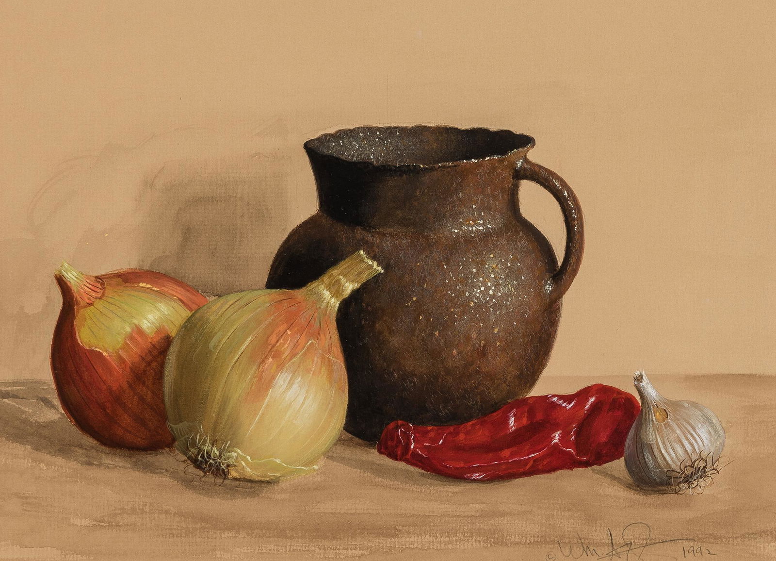William Acheff | Still Life With Pitcher, Onions and: Artist: William Acheff | b. 1947 AOA, NAWA Title: Still Life With Pitcher, Onions and Pepper Signed l/r: © Wm. Acheff 1992 Media: Watercolor on paper Dimensions: 8 1/2 by 12 inches Condition: Very Go