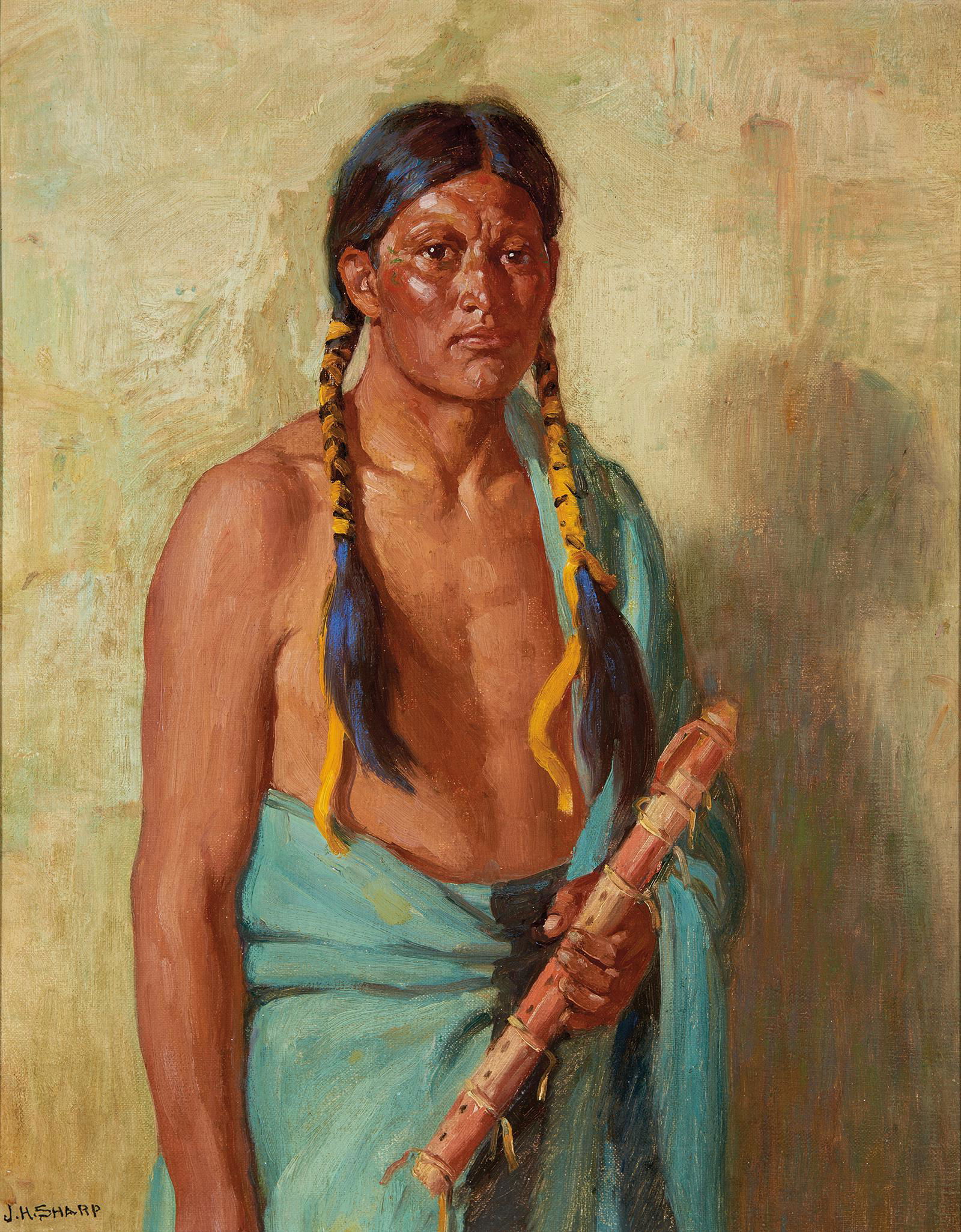 Joseph Henry Sharp | Jerry Taos with Lover's Flute: Artist: Joseph Henry Sharp | 1859-1953 TSA Title: Jerry Taos with Lover's Flute Signed l/l: J H Sharp Media: Oil on canvas Dimensions: 20 by 16 inches Condition: Very Good Condition Details: To the un