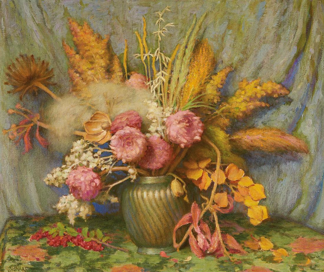 Joseph Henry Sharp | Autumn Flowers, Weeds, Grasses and: Artist: Joseph Henry Sharp | 1859-1953 TSA Title: Autumn Flowers, Weeds, Grasses and Seed Pods Signed l/l: JH Sharp Media: Oil on canvas Dimensions: 25 by 30 inches Condition: Very Good Condition Deta