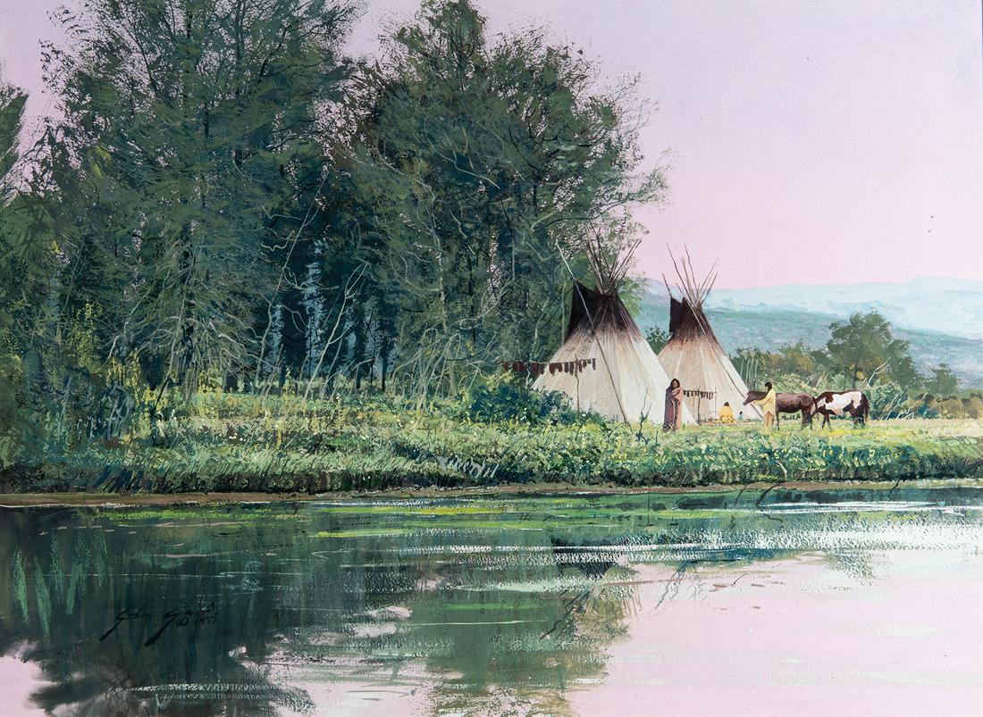 John Jarvis | Evening Camp: Artist: John Jarvis | b. 1946 CAA Title: Evening Camp Signed l/l: John Jarvis ©1975 Media: Gouache on board Dimensions: 13 3/4 by 18 5/8 inches Condition: Very good This gouache is in very good condi