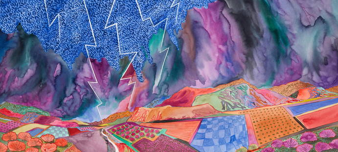 Fran Larsen | Road Through the Storm: Artist: Fran Larsen | b. 1937 Title: Road Through the Storm Signed l/r: Larsen Media: Watercolor on illustration board Dimensions: 24 by 48 inches Condition: Condition details: This painting is in ver