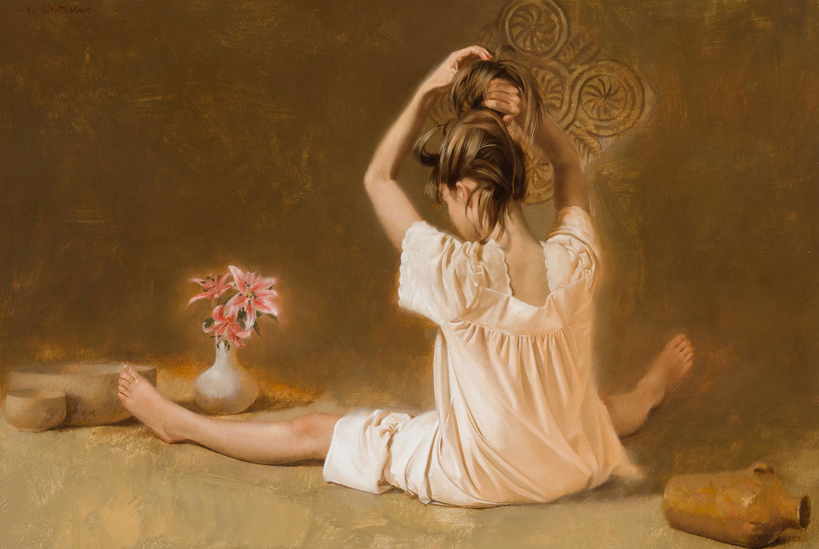 William Whitaker | Lilies: Artist: William Whitaker | b. 1943 AOA, NAWA, OPA Title: Lilies Signed u/l: W. Whitaker Media: Oil on panel Dimensions: 12 by 17 inches Condition: Very Good Condition Details: This painting is in very