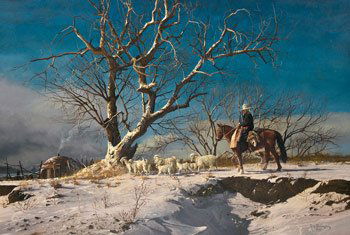 012: Ray Swanson "Winter Work": Signed 'Ray Swanson © 74' lr , Oil on board, 36 by 24 inches