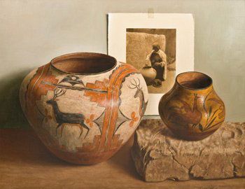 William Acheff "Two Pots and an Adobe Brick" [desc: Signed '© Wm. Acheff 1979' lr, Oil on canvas, 22 by 28 inches
