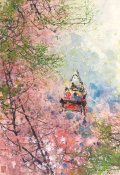 Chen Chi "Springtime Carriage Ride": Signed 'Chen Chi 1985' lr, Watercolor and gouache on paper, 26 by 18 inches