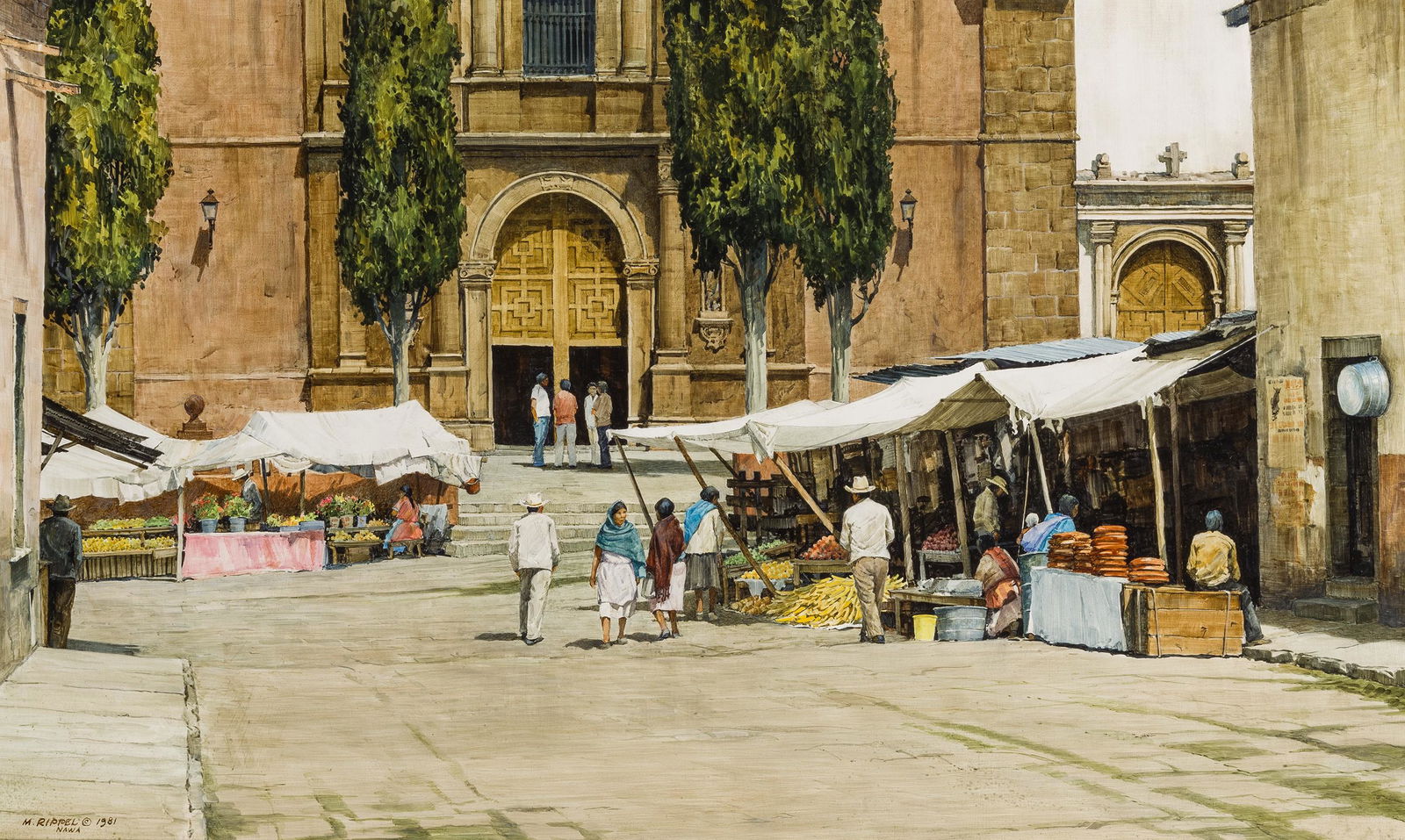 Morris Rippel | Market in San Miguel: Artist: Morris Rippel | 1930-2009 NAWA Title: Market in San Miguel Signed l/l: M. Rippel © 1981 NAWA Media: Egg tempera on panel Dimensions: 16 by 26 inches Condition: Very Good Condition details: Th