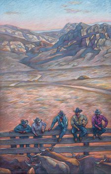 Howard Post, Five Cattle Buyers: Signed: H E Post ©, L/L, Pastel on paper, 43 x 29 inches