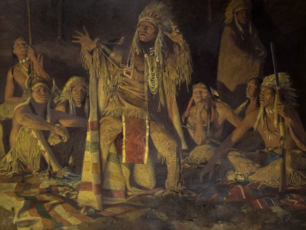 David Mann, Rumors of the Ghost Dance: Signed: D. Mann, L/R, Oil on canvas, 36 x 48 inches