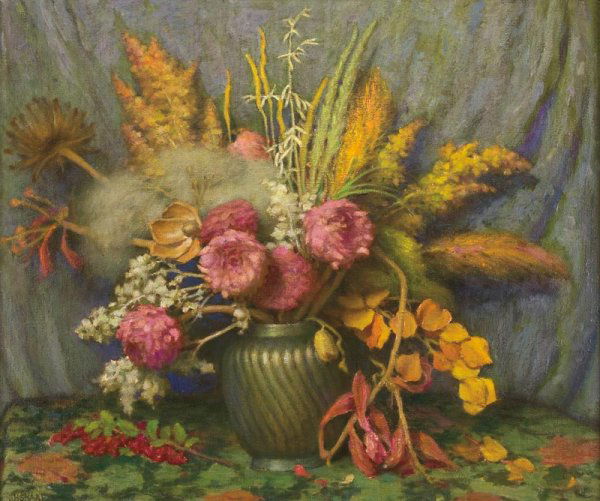 Joseph Henry Sharp, Autumn Flowers, Weeds, Grasses: Signed: JH Sharp, L/L, Oil on canvas, 25 x 30 inches