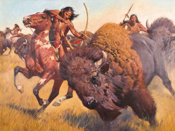 David Mann, Buffalo Hunt: Signed: David Mann, L/L, Oil on canvas, 36 x 48 inches