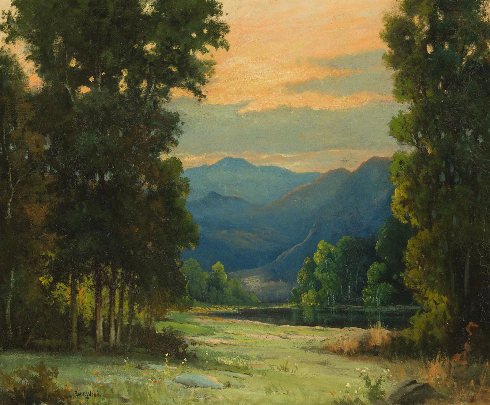 Robert Wood | Mountain Sunset: Artist: Robert Wood | 1889-1979 Title: Mountain Sunset Signed l/l: Robt. Wood Media: Oil on canvas Dimensions: 25 by 30 inches Additional dimensions: 34.5 by 39.5 by 3 inches framed Condition: Very Go